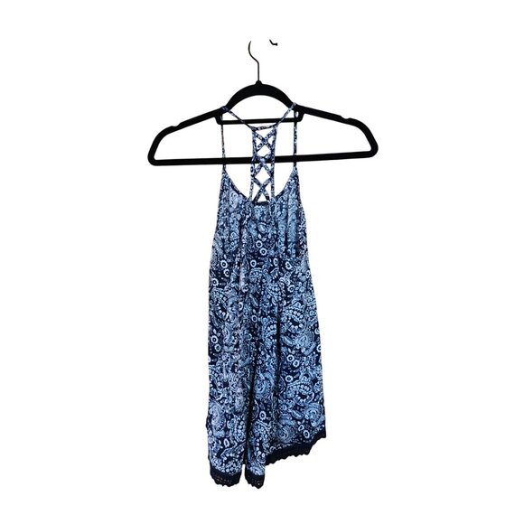 Wild Pearl Womens Blue Paisley Print Spaghetti Strap Romper With Lace Hem NWT - Picture 2 of 3